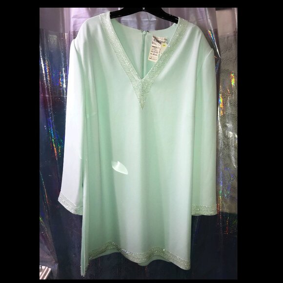 Rare Vintage Mint Green Beaded Cocktail Dress by Frank Usher - NWT size US16 - Picture 1 of 10
